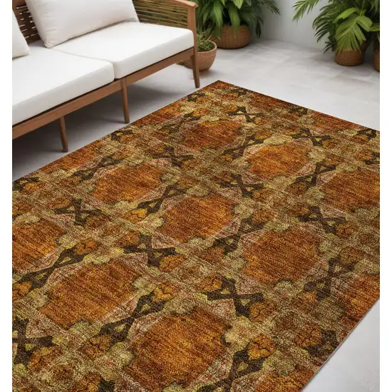 Orange and Rust Floral Medallion Washable Non Skid Indoor Outdoor Area Rug Photo 1