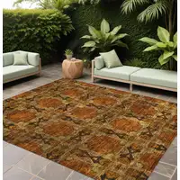 Photo of Orange and Rust Floral Medallion Washable Non Skid Indoor Outdoor Area Rug