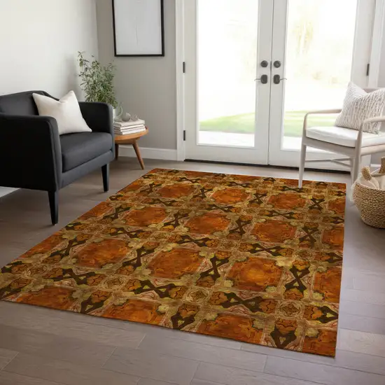 Orange and Rust Floral Medallion Washable Non Skid Indoor Outdoor Area Rug Photo 9