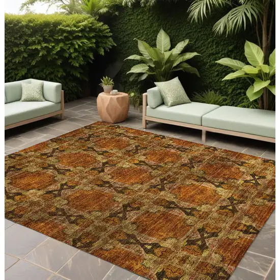 Orange and Rust Floral Medallion Washable Non Skid Indoor Outdoor Area Rug Photo 1