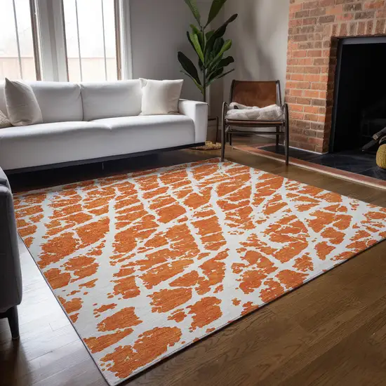 Orange and White Abstract Washable Non Skid Indoor Outdoor Area Rug Photo 8