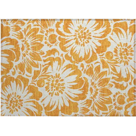 Orange and White Floral Washable Non Skid Indoor Outdoor Area Rug Photo 2