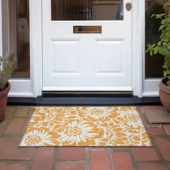 Orange and White Floral Washable Non Skid Indoor Outdoor Area Rug Photo 8