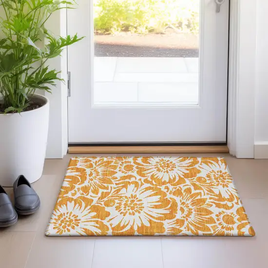 Orange and White Floral Washable Non Skid Indoor Outdoor Area Rug Photo 9