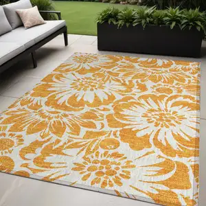 Photo of Orange and White Floral Washable Non Skid Indoor Outdoor Area Rug