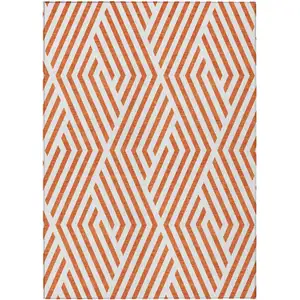 Photo of Orange and White Geometric Washable Non Skid Indoor Outdoor Area Rug