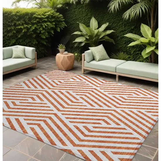 Orange and White Geometric Washable Non Skid Indoor Outdoor Area Rug Photo 1