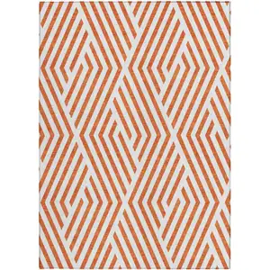 Photo of Orange and White Geometric Washable Non Skid Indoor Outdoor Area Rug