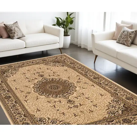 Beige and Black Oriental Power Loom Area Rug Photo 1