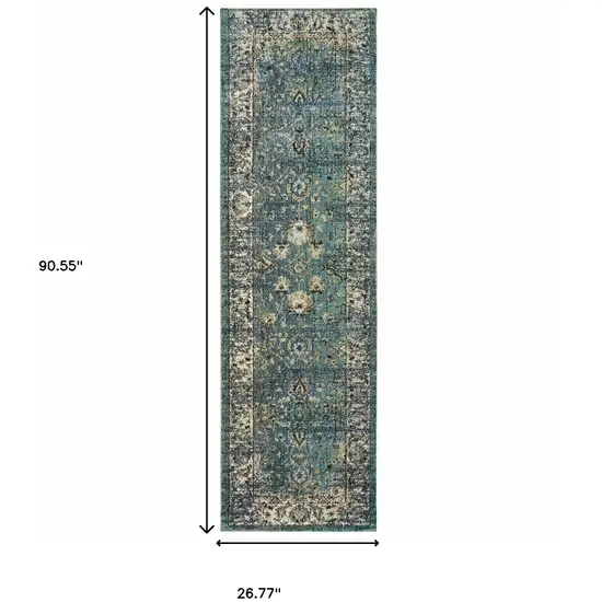 Peacock Blue and Ivory Indoor Runner Rug Photo 4