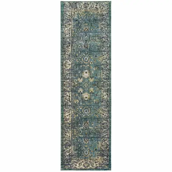 Peacock Blue and Ivory Indoor Runner Rug Photo 1