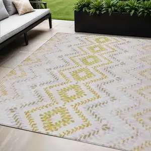 Photo of Pearl Ivory And Artichoke Green Geometric Washable Indoor Outdoor Area Rug