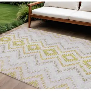 Photo of Pearl Ivory And Artichoke Green Geometric Washable Indoor Outdoor Area Rug