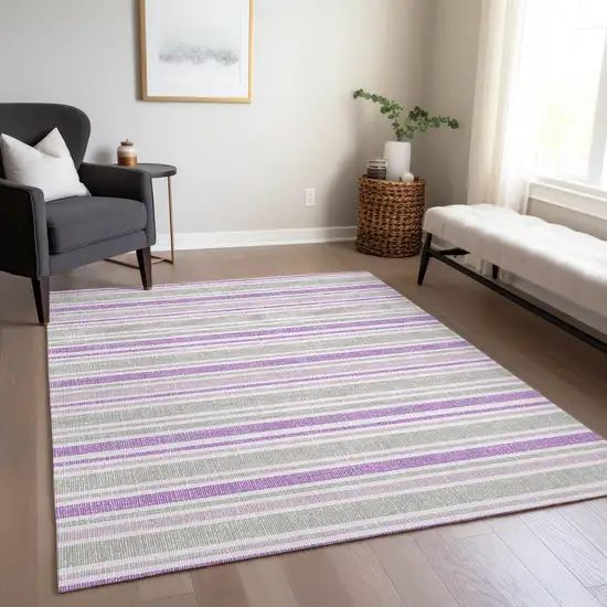 Purple Gray and White Striped Washable Non Skid Indoor Outdoor Area Rug Photo 8