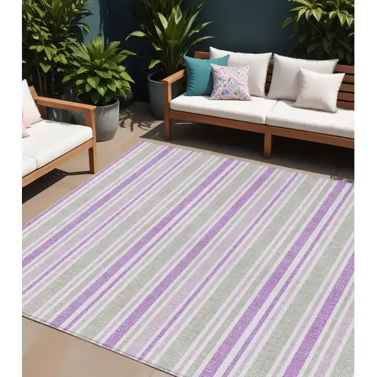 Purple Gray and White Striped Washable Non Skid Indoor Outdoor Area Rug Photo 1