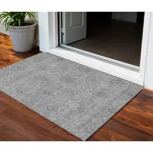 Photo of Pewter And Gray Floral Washable Indoor Outdoor Area Rug