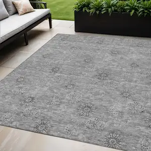 Photo of Pewter And Gray Floral Washable Indoor Outdoor Area Rug