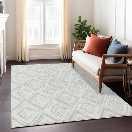 Pewter And Ivory Geometric Washable Indoor Outdoor Area Rug Photo 7