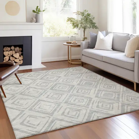 Pewter And Ivory Geometric Washable Indoor Outdoor Area Rug Photo 6