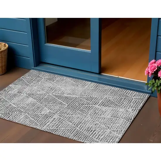 Pewter Blue Geometric Washable Non Skid Indoor Outdoor Area Rug Photo 1