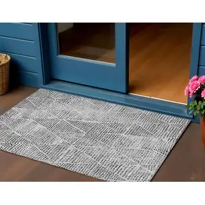 Photo of Pewter Blue Geometric Washable Non Skid Indoor Outdoor Area Rug