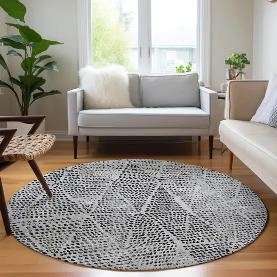 8' Pewter Charcoal And Ivory Round Geometric Washable Indoor Outdoor Area Rug Photo 7