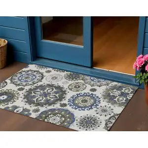 Photo of Pewter Silver And Gray Floral Medallion Washable Indoor Outdoor Area Rug