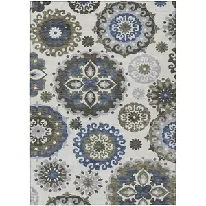 Photo of Pewter Silver And Gray Floral Medallion Washable Indoor Outdoor Area Rug