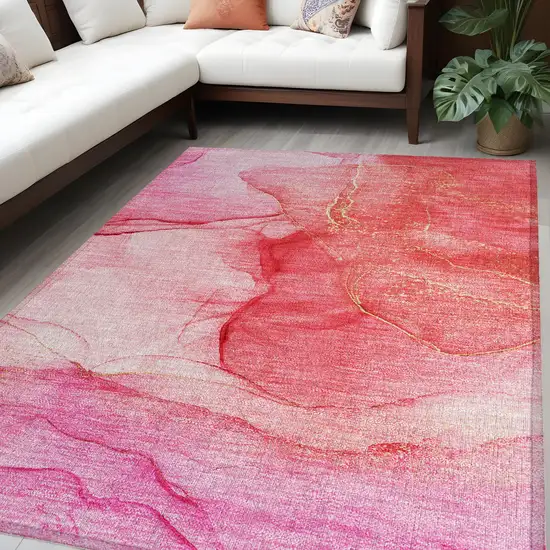 Pink Abstract Washable Non Skid Indoor Outdoor Area Rug Photo 1