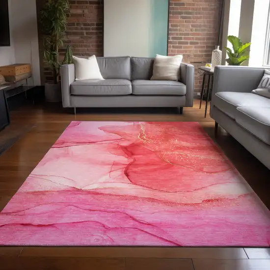 Pink Abstract Washable Non Skid Indoor Outdoor Area Rug Photo 9