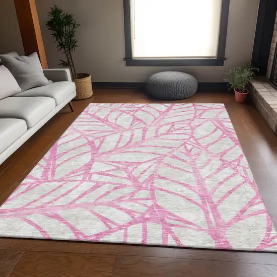 Pink And Beige Floral Washable Indoor Outdoor Area Rug Photo 8