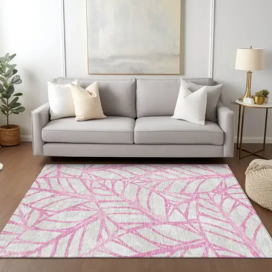 Pink And Beige Floral Washable Indoor Outdoor Area Rug Photo 9