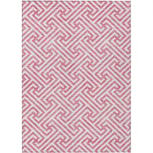 Photo of Pink And Ivory Geometric Washable Indoor Outdoor Area Rug