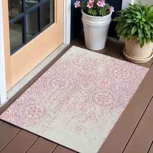 Photo of Pink And Ivory Medallion Washable Indoor Outdoor Area Rug