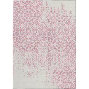 Photo of Pink And Ivory Medallion Washable Indoor Outdoor Area Rug