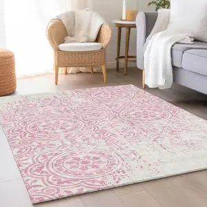 Photo of Pink And Ivory Medallion Washable Indoor Outdoor Area Rug