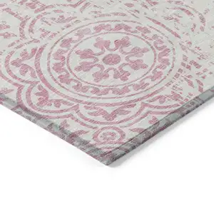 Photo of Pink And Ivory Medallion Washable Indoor Outdoor Area Rug