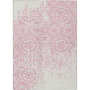 Photo of Pink And Ivory Medallion Washable Indoor Outdoor Area Rug