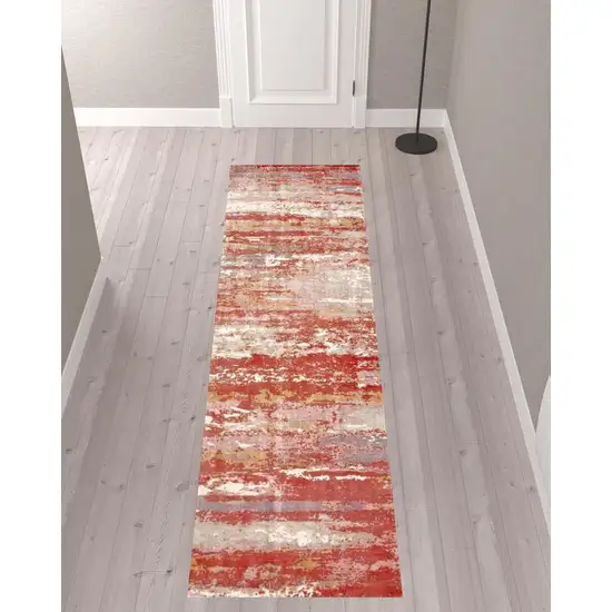 Pink And Red Abstract Hand Loomed Stain Resistant Runner Rug Photo 2