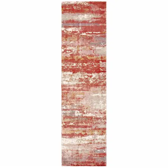 Pink And Red Abstract Hand Loomed Stain Resistant Runner Rug Photo 1