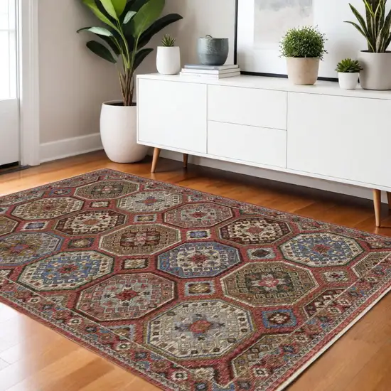 Pink And Red Medallion Area Rug With Fringe Photo 1