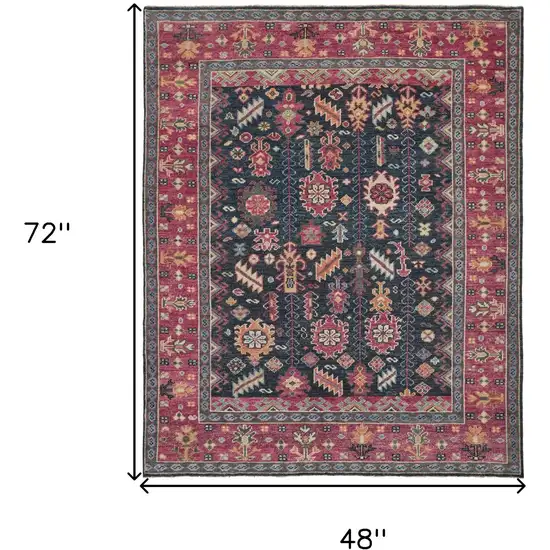 Pink Blue And Orange Wool Floral Hand Knotted Distressed Stain Resistant Area Rug With Fringe Photo 5