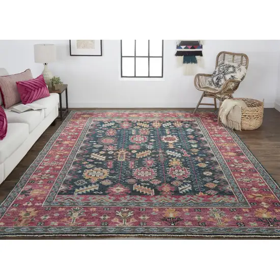 Pink Blue And Orange Wool Floral Hand Knotted Distressed Stain Resistant Area Rug With Fringe Photo 3