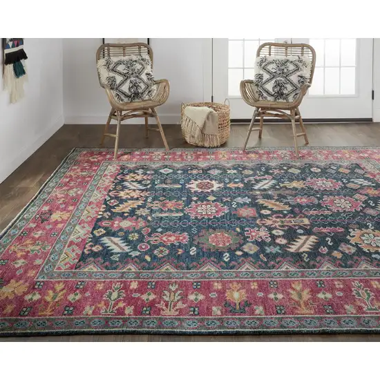 Pink Blue And Orange Wool Floral Hand Knotted Distressed Stain Resistant Area Rug With Fringe Photo 8