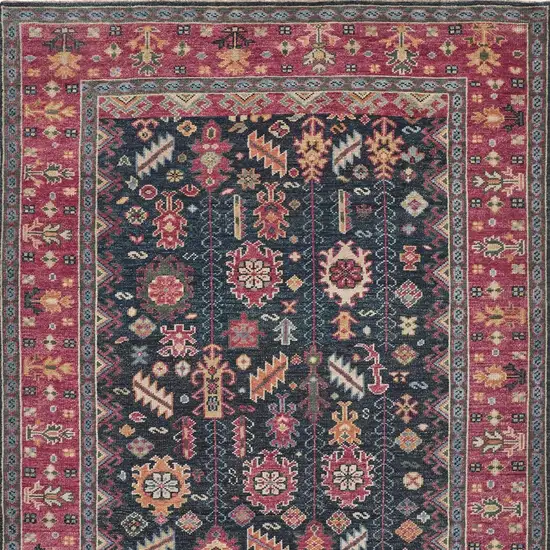 Pink Blue And Orange Wool Floral Hand Knotted Distressed Stain Resistant Area Rug With Fringe Photo 7