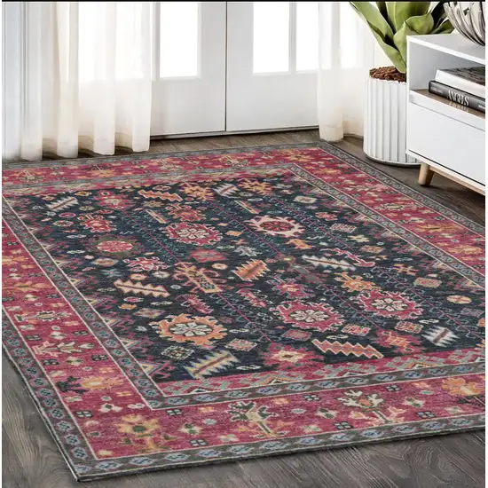 Pink Blue And Orange Wool Floral Hand Knotted Distressed Stain Resistant Area Rug With Fringe Photo 1