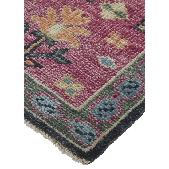 Pink Blue And Orange Wool Floral Hand Knotted Distressed Stain Resistant Area Rug With Fringe Photo 3