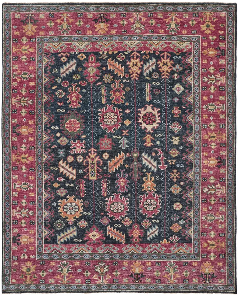 Pink Blue And Orange Wool Floral Hand Knotted Distressed Stain Resistant Area Rug With Fringe Photo 1