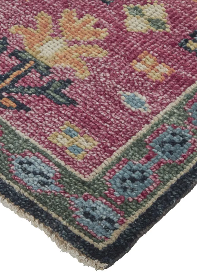 Pink Blue And Orange Wool Floral Hand Knotted Distressed Stain Resistant Area Rug With Fringe Photo 3