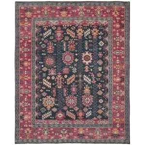 Photo of Pink Blue And Orange Wool Floral Hand Knotted Distressed Stain Resistant Area Rug With Fringe